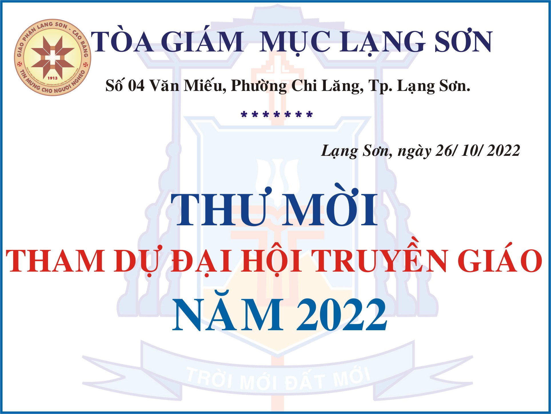 Giáo phận Lạng Sơn – Cao Bằng: Thư Mời Tham Dự Đại Hội Truyền Giáo Năm 2022