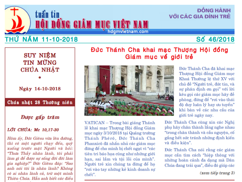 Tuần tin Hội đồng Giám mục Việt Nam số 46/2018